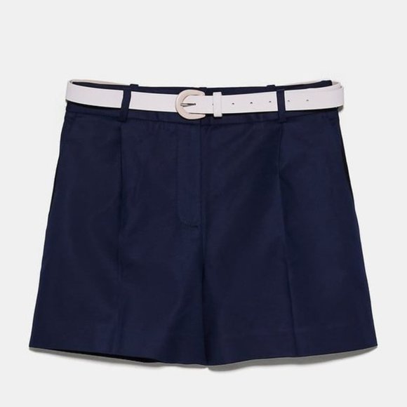 ZARA Double Faced Belted Shorts Navy Blue - Picture 1 of 5